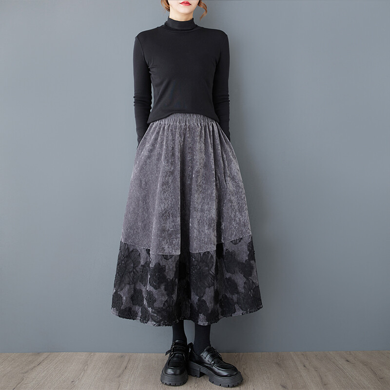 Womens Korean Fashion Mesh Patchwork Corduroy Skirt Elastic Waist Casual Dress
