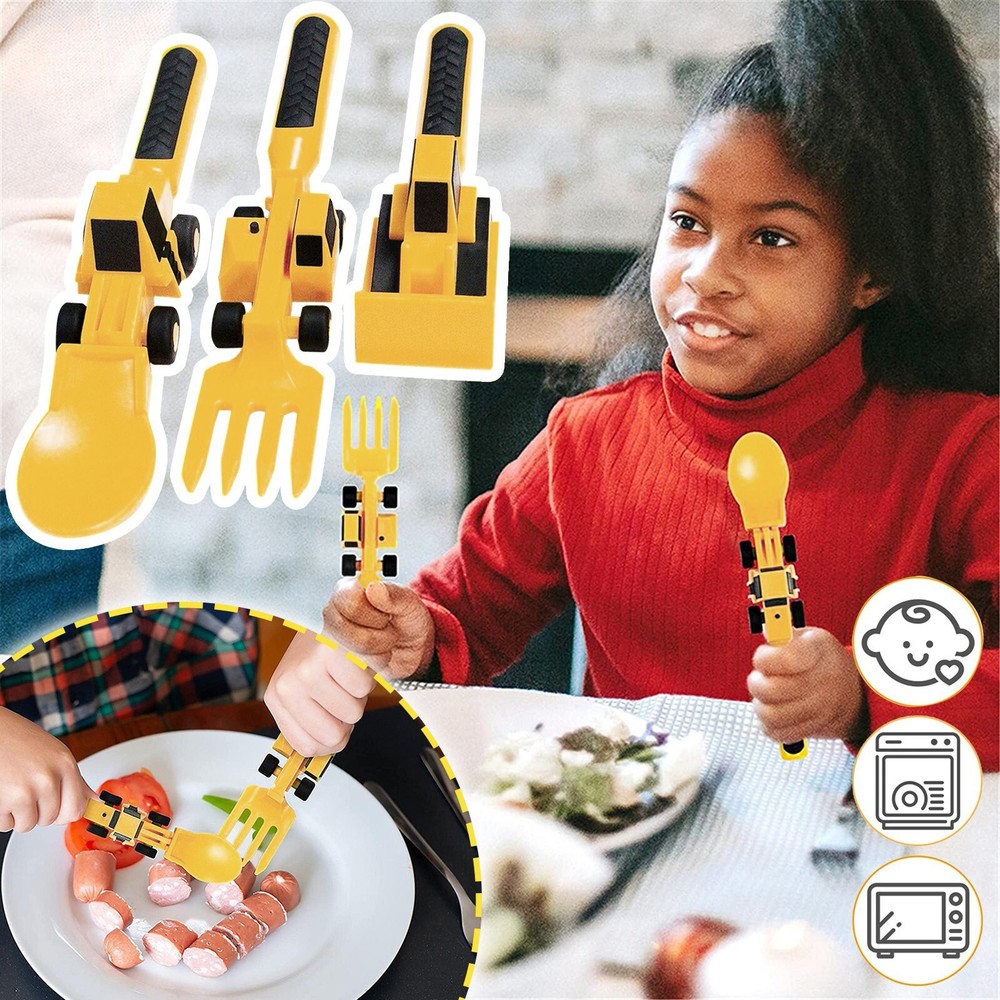 3pcs Creative Excavator, Bulldozer, Children's Spoon, Fork, Tableware Set