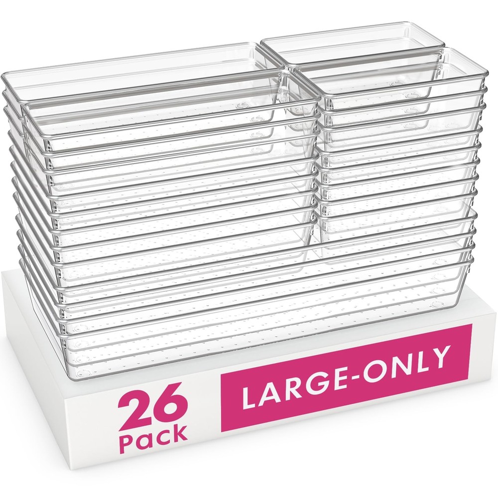 26-Pack Clear Plastic Drawer Organizer Bins in 5 Sizes - Heavy Duty Acrylic Storage