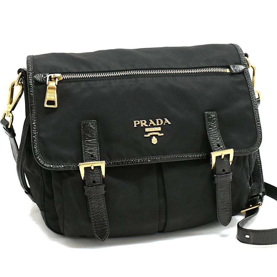 Prada Nylon Crossbody Shoulder Bag Black Gold Hardware Excellent Condition Auth