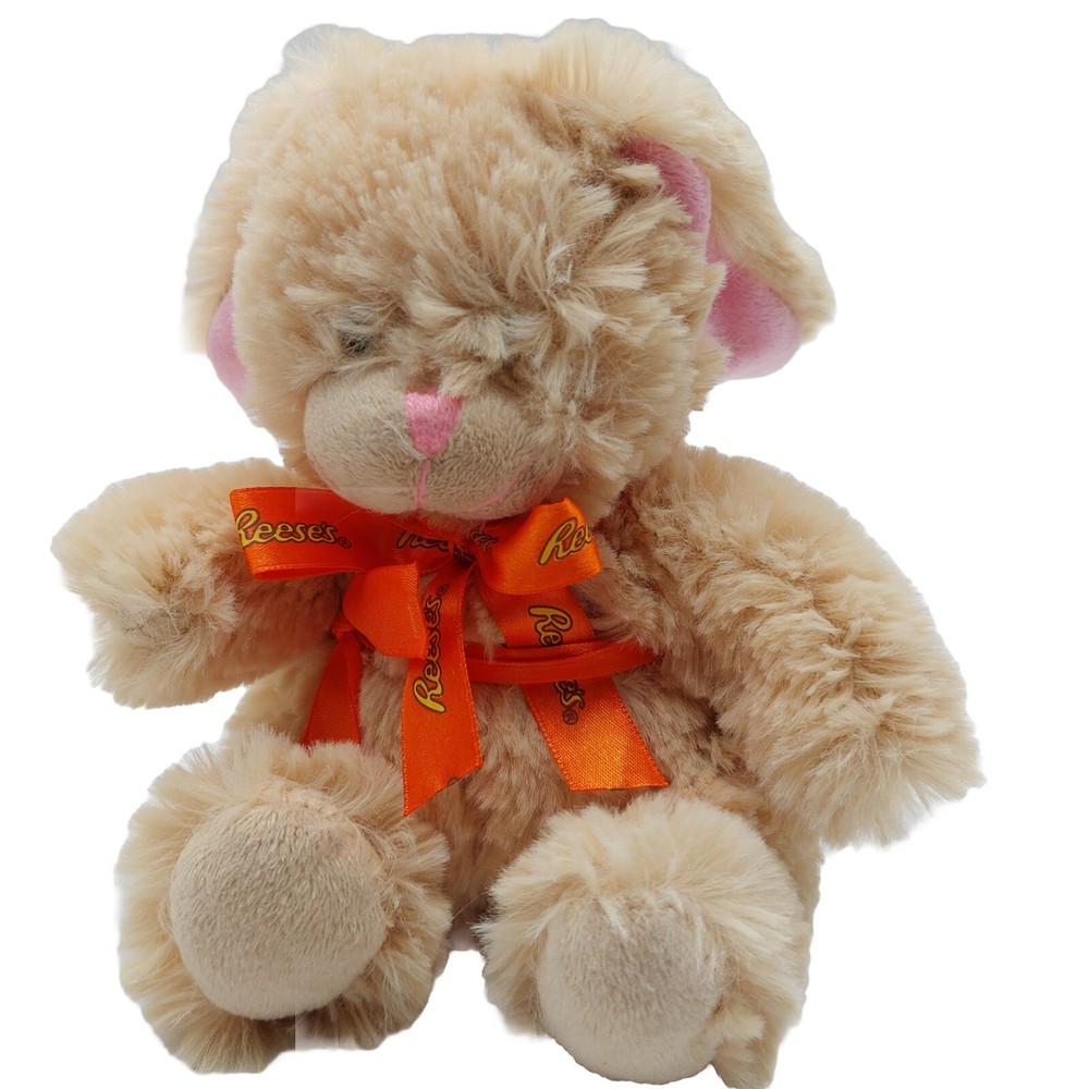 Reese's Beige Bunny Rabbit Pink Ears Nose Plush Soft Orange Ribbon Bow 5