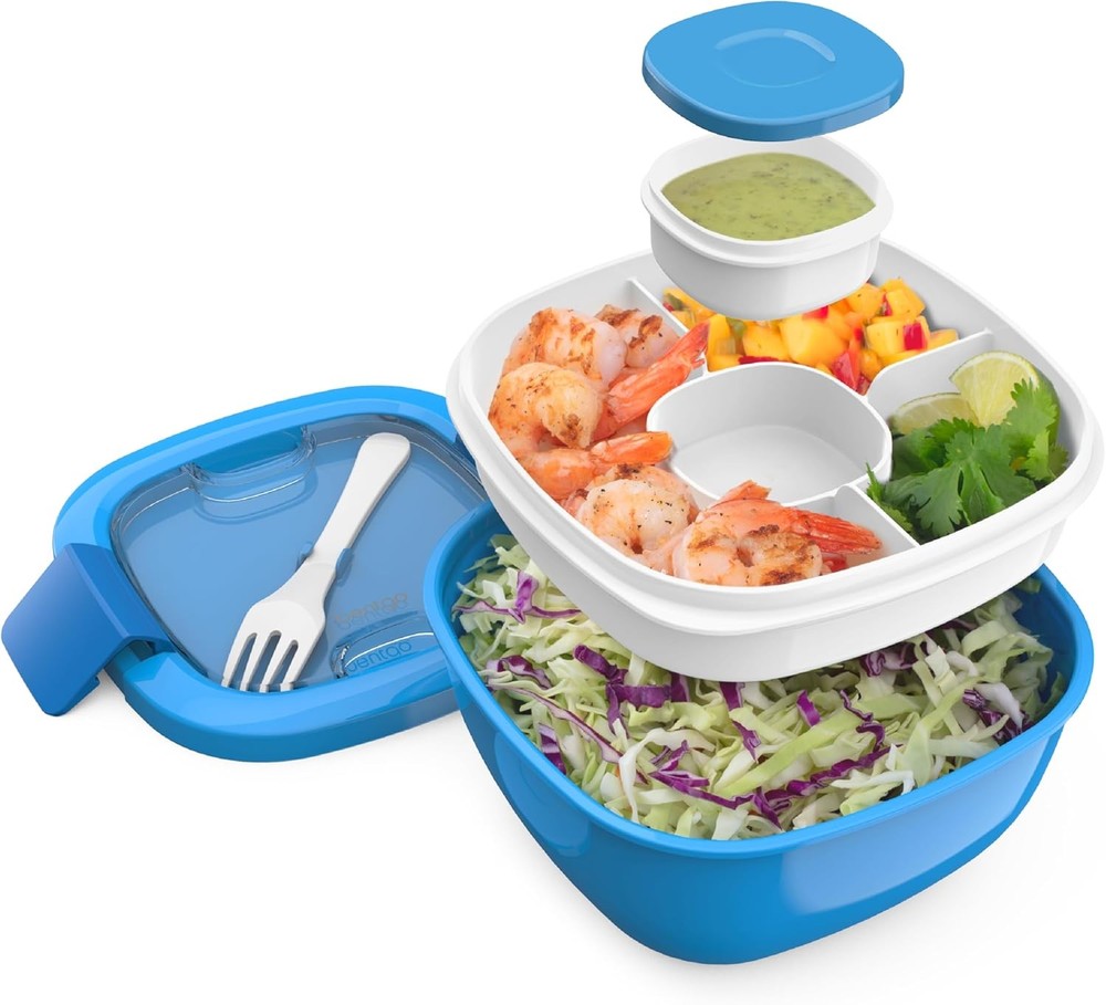 Bentgo 54 oz Salad Bowl with 4-Compartment Toppings Tray in Blue