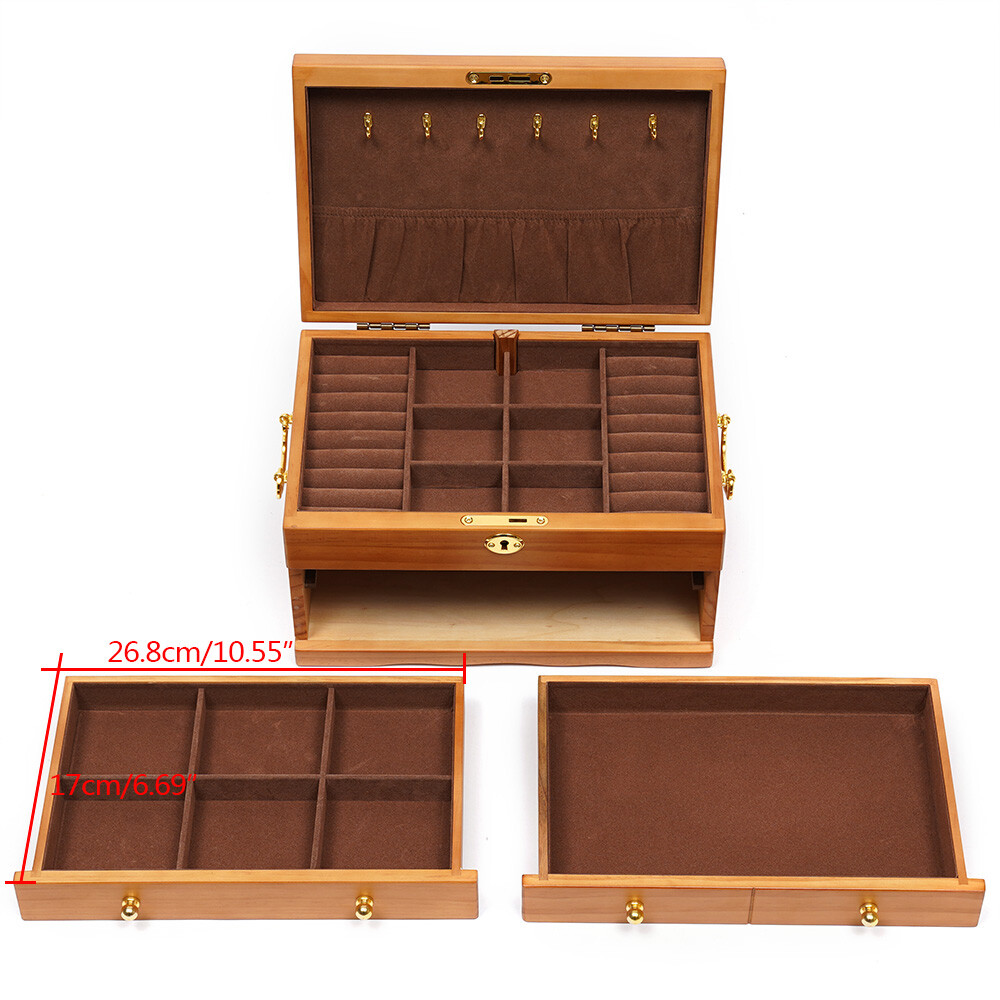 Wood Jewelry Boxes Large Wooden Storage Box without Mirror 3-Layer Lockable Desk
