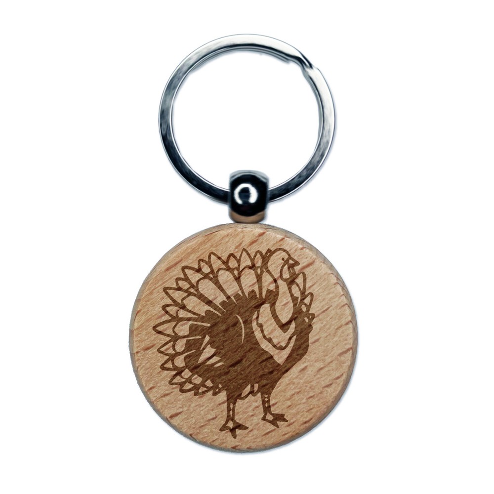 Proud Standing Turkey Engraved Wood Round Keychain Tag Charm
