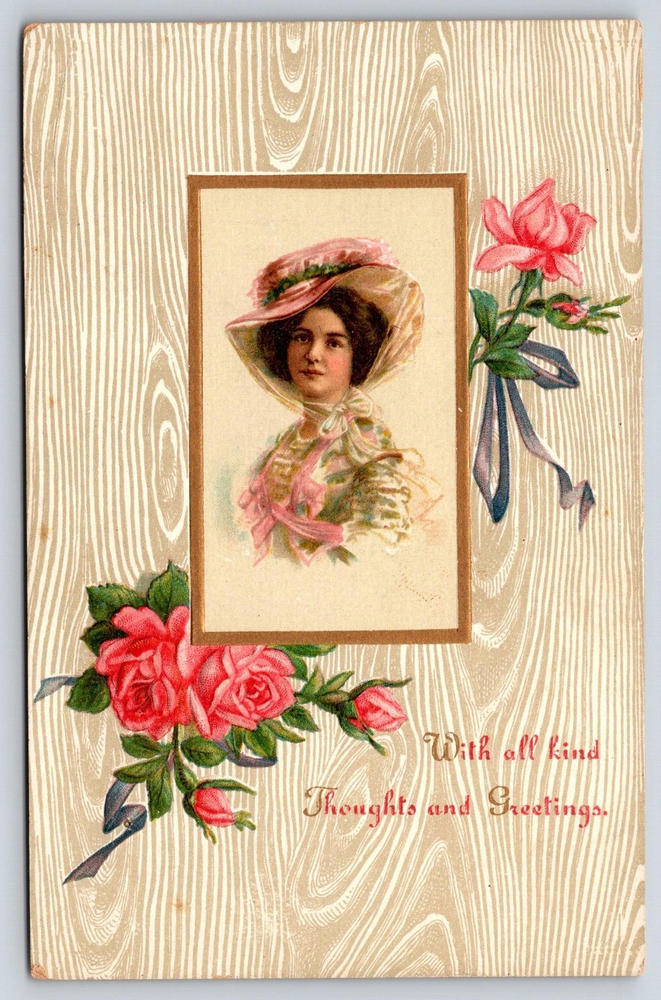 Vintage Antique Postcard Victorian Lady in Dress Hat with Flowers and Gold Inlay