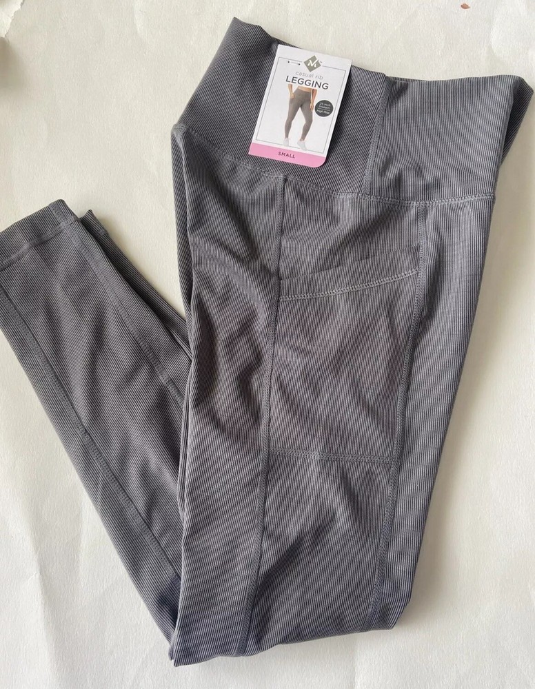 Members Mark High Rise Ribbed Leggings Small Charcoal Heather with Pockets New With Tags-image