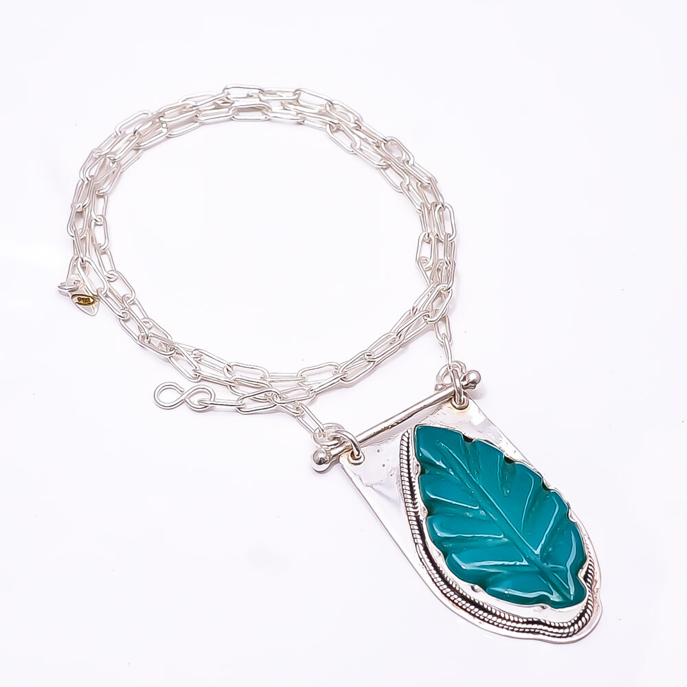 Carved Green Onyx 925 Sterling Silver Chain Pendant 19-23