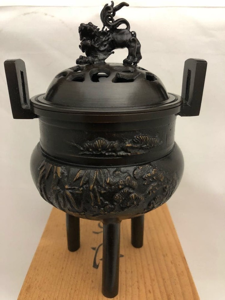 Bronze Incense Burner 7 in Lion Shishi Vintage Japanese Censer with Box Decor