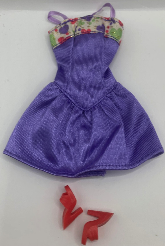 Vintage Barbie Fashion Pack Outfit Clothing Purple Shiny Heart Party Dress Shoes