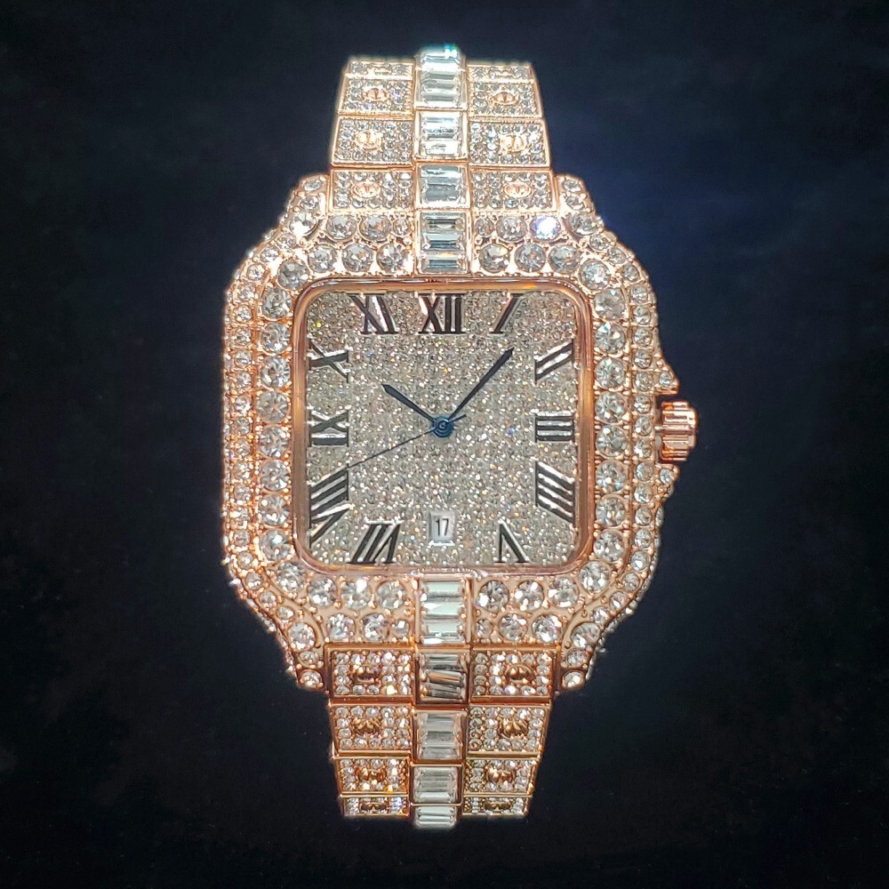 Rose Gold Hip Hop Luxury Ice out Men's Watch Iced Bling Square Diamond Jewelry