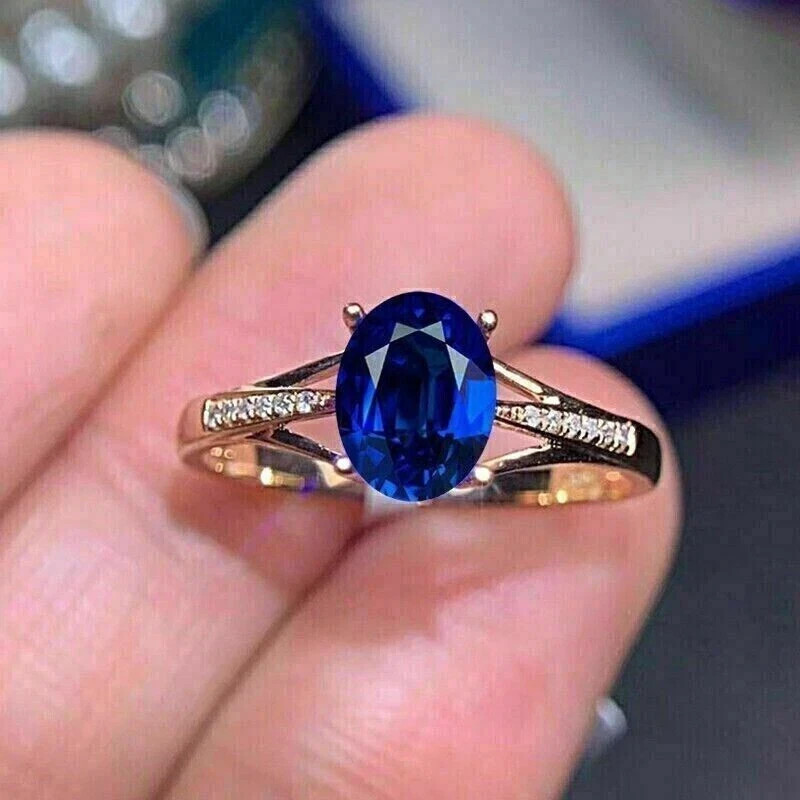 2.75 Ct Oval Cut Blue Sapphire & Diamond Wedding Ring 14K Yellow Gold