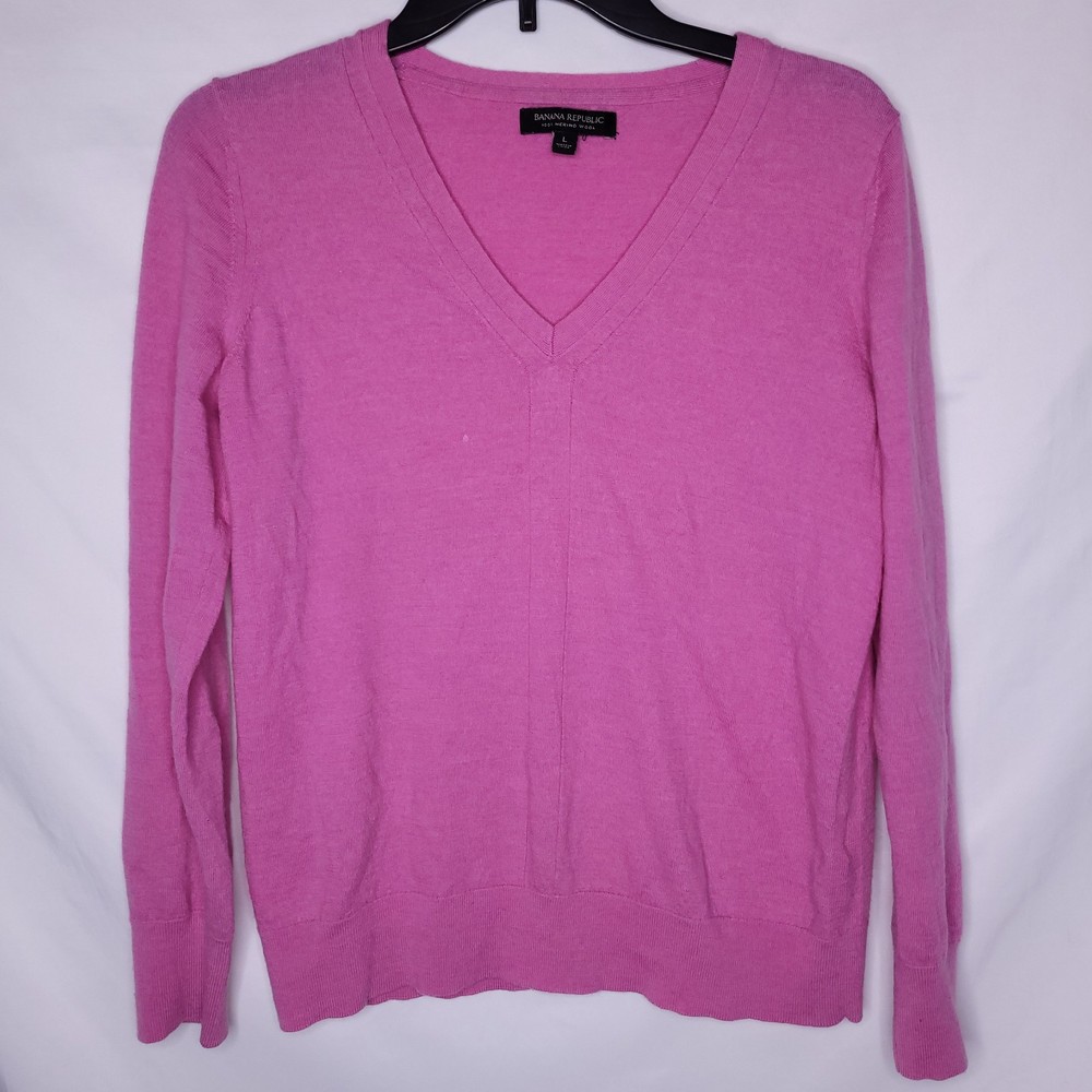 Banana Republic Womens Pink Merino Wool V-Neck Sweater Size Large