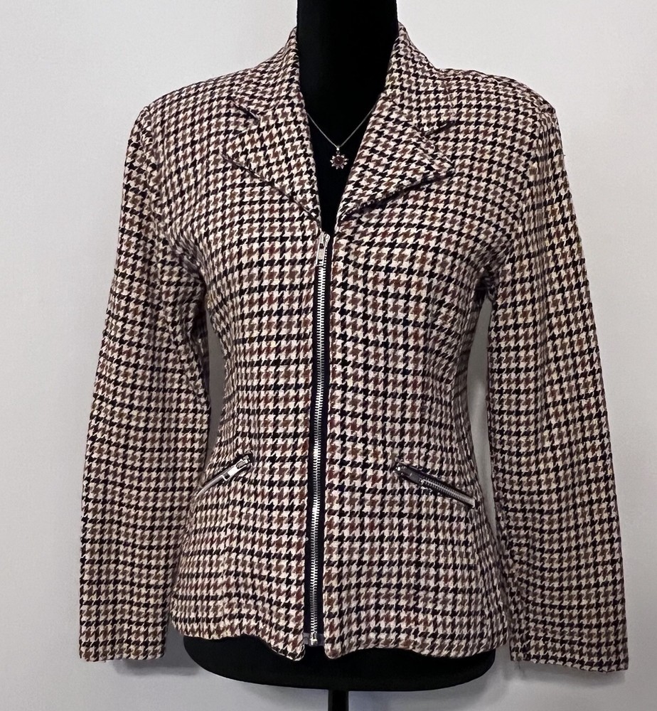 Vtg Y2K  Tweed Houndstooth Blazer Jacket Wool Womens Small Zip Pocket Preppy