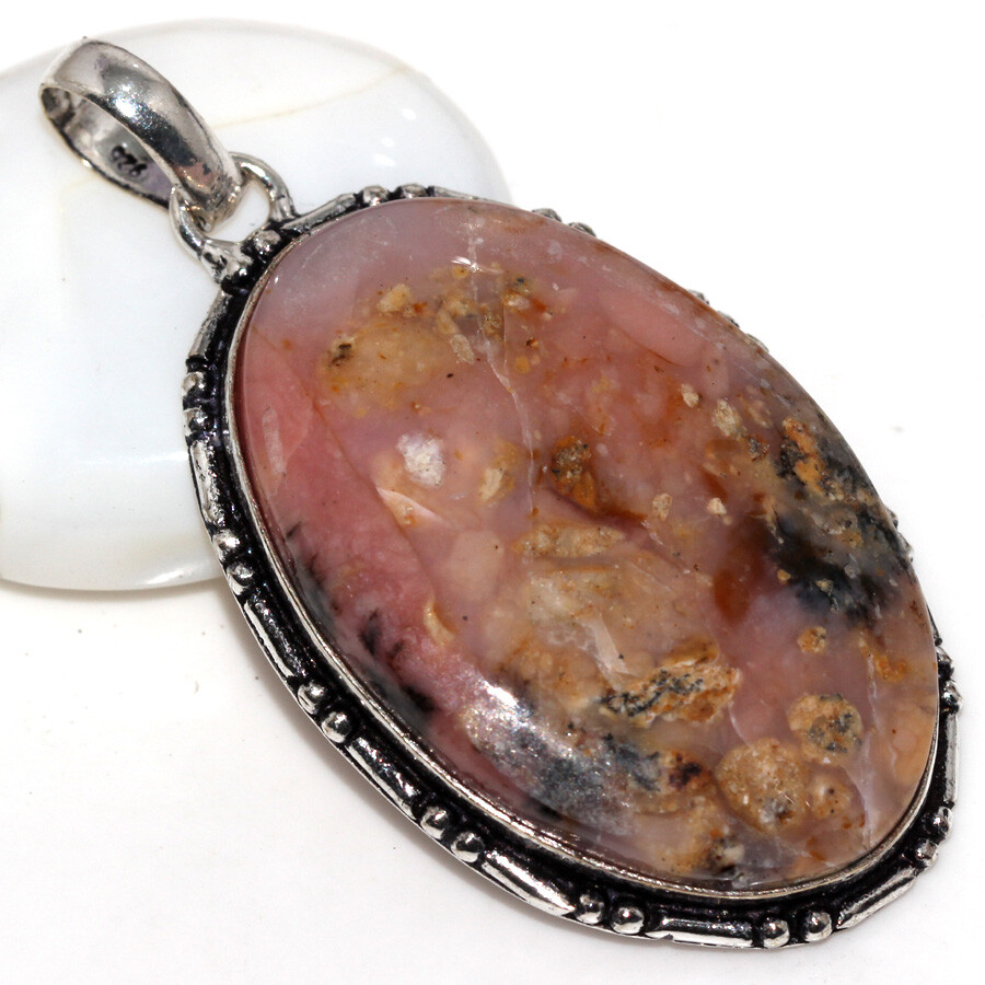 925 Silver Plated Peruvian Pink Opal Ethnic Pendant Jewelry Size 2.1
