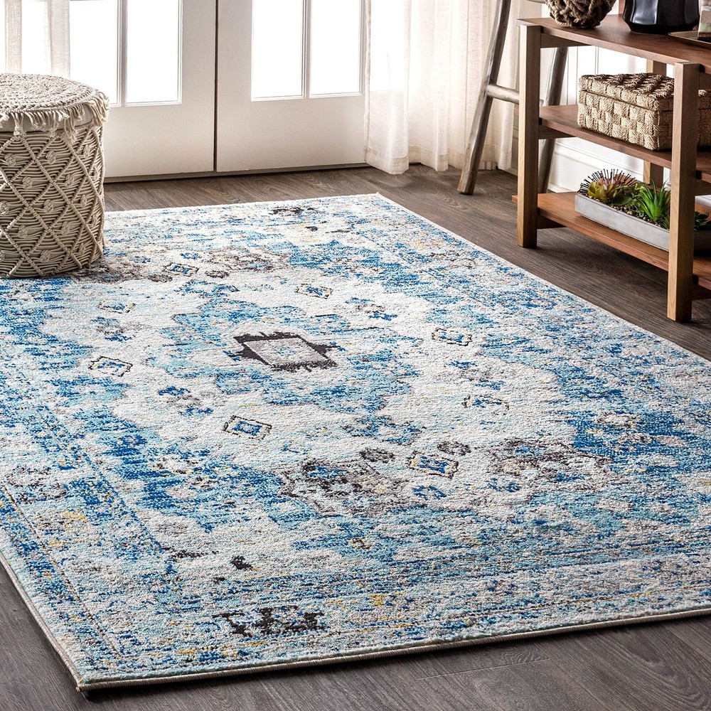 Modern Boho Vintage Medallion Cream/Blue Indoor Area Rug, 3x5, Bohemian, Trad...