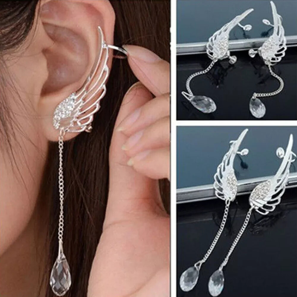Angel Wing Crystal Drop Dangle Ear Stud Long Cuff Earrings for Women