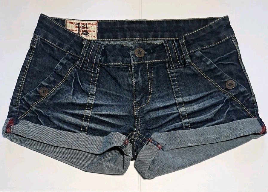 Vintage Y2K 1st Kiss Low Rise Micro Mini Booty Denim Shorts Blue Size 3