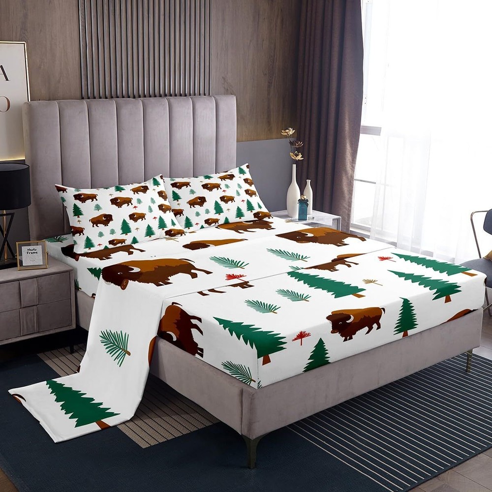 Buffalo Bed Sheets Set Queen Size Boys Girls Wild American Bison Sheet Set Wi...