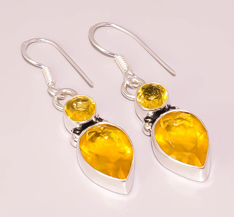 Yellow Citrine Faceted Quartz 925 Sterling Silver Plated Earrings for Women