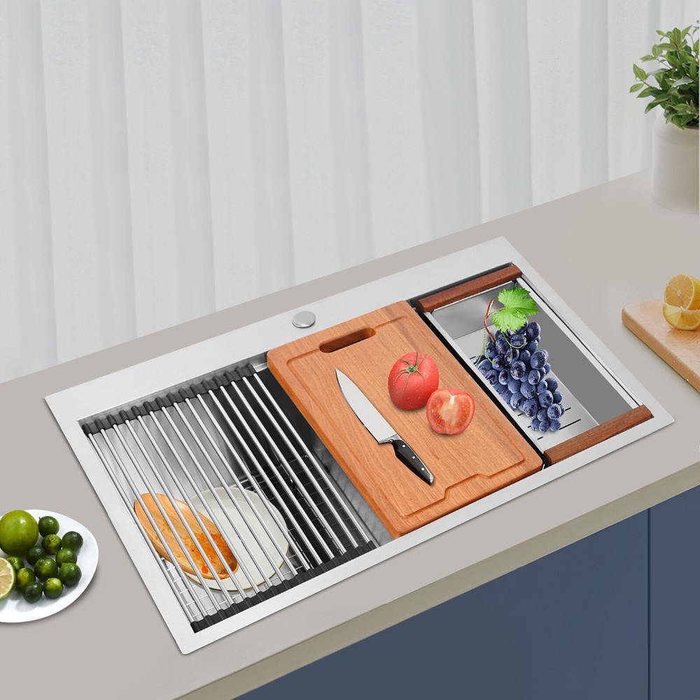 Stainless Steel Double Bowl Flushmount Kitchen Sink 33x22x9 Inches-image