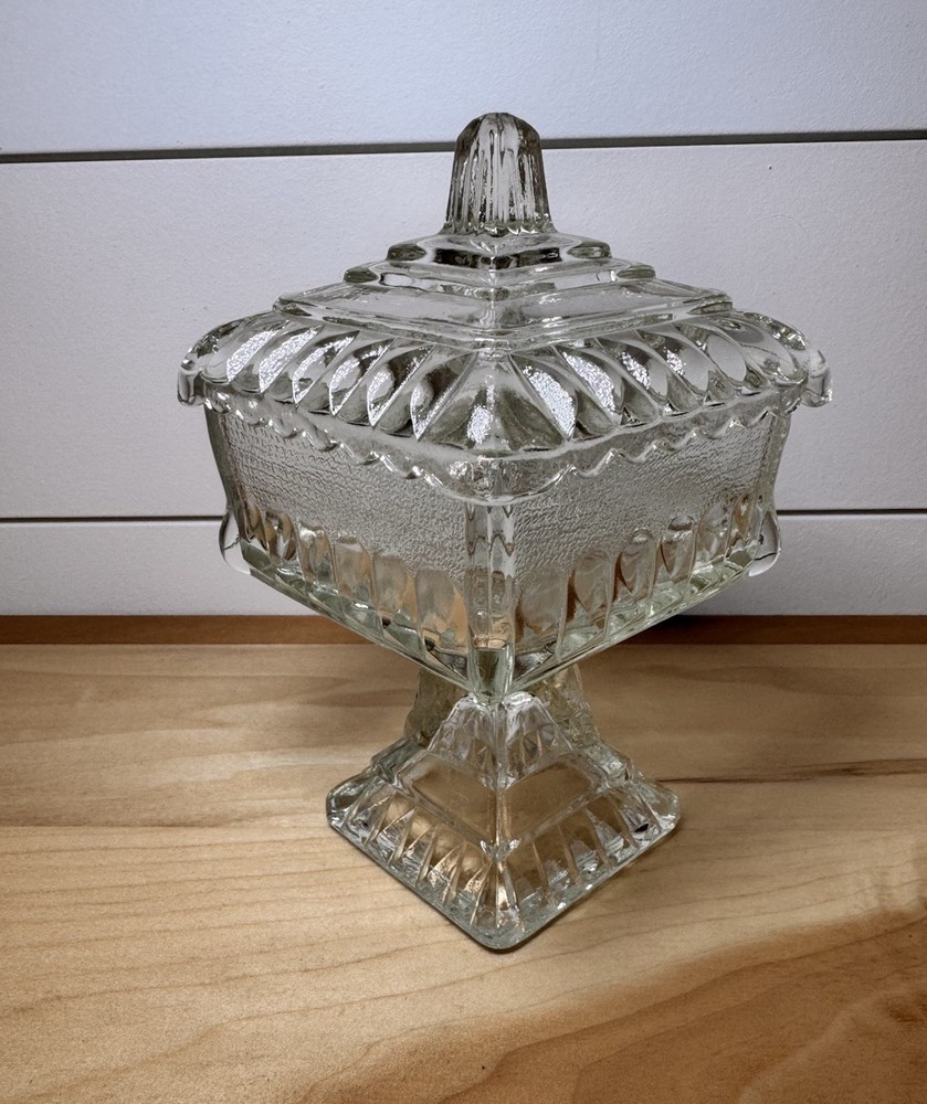 Jeannette Glass Covered Wedding Box Clear Candy Dish Compote Trinket VTG 6.5”