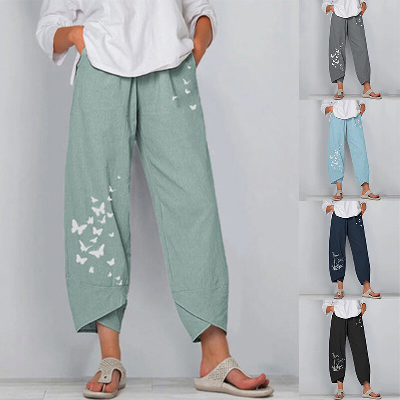 Womens Ladies Cotton Linen Baggy Casual Harem Pants Trousers Summer Plus Si