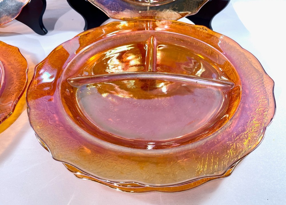 Set (6) Federal Normandie Carnival Glass Iridescent Marigold Dinner Plates MIXED