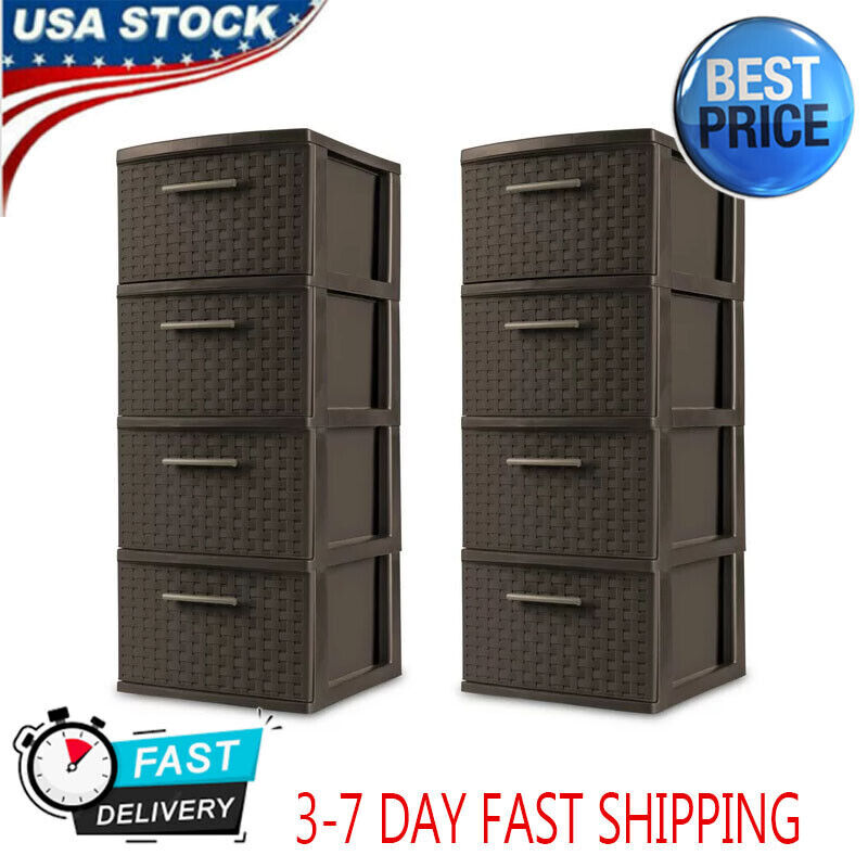 2-PCS 4 Drawer Wide Weave Storage Tower Plastic Bedroom Organizer Clothes Closet