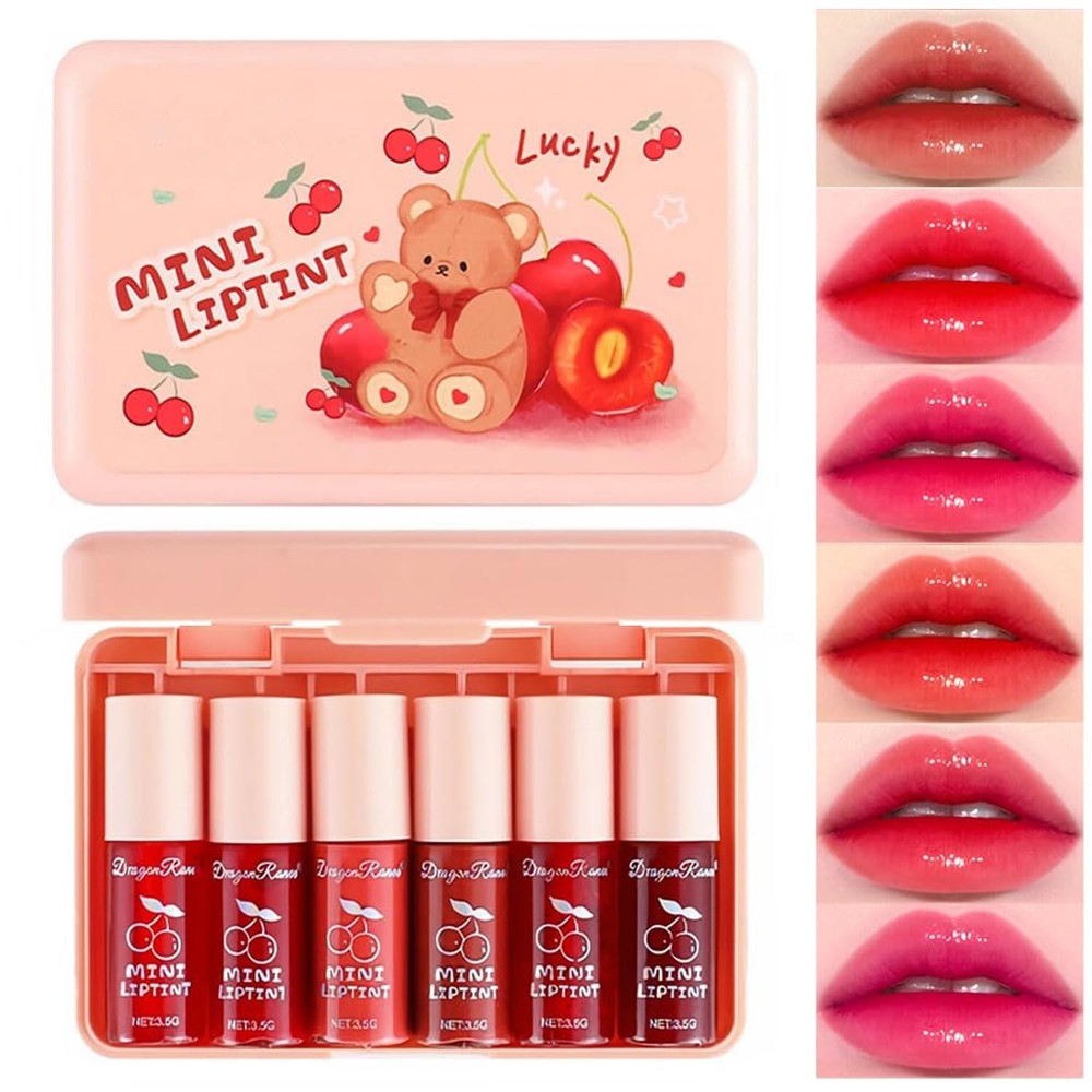 6 Colors Lip Tint Stain Korean Lip Gloss Set, Plumping Lip Tint Mini Liquid Lips