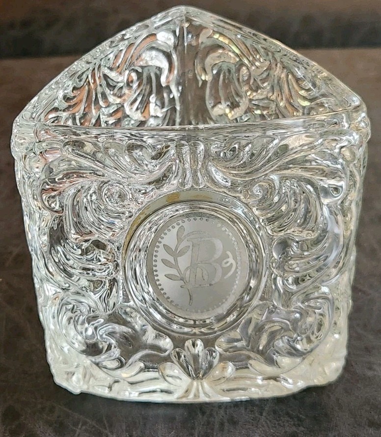 AVON Monogram B Embossed Glass Triangle Tealight Holder 4.5 Inches Tall