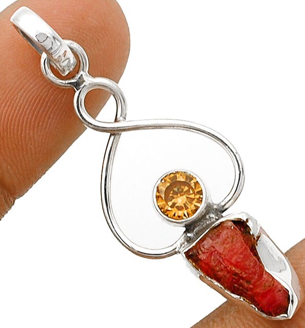 Natural Rough Pink Tourmaline Citrine 925 Sterling Silver Pendant B16-1