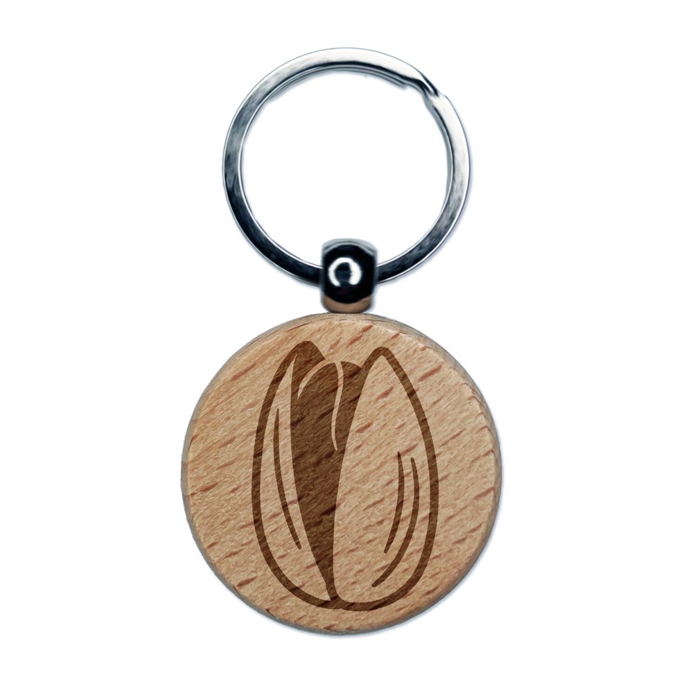 Pistachio Nut Drawing Engraved Wood Round Keychain Tag Charm