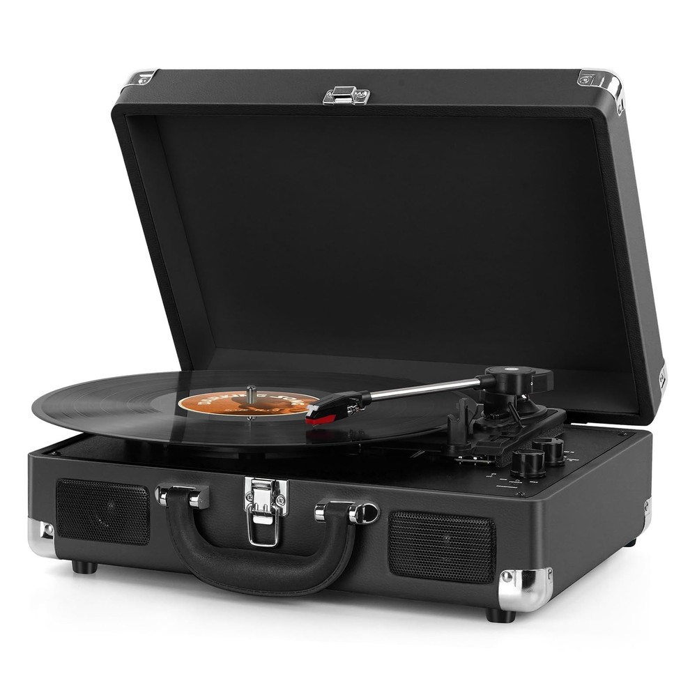 Wireless Bluetooth Vinyl Record Player Portable 3-Speed Vintage Turntable with Built-in Speakers
