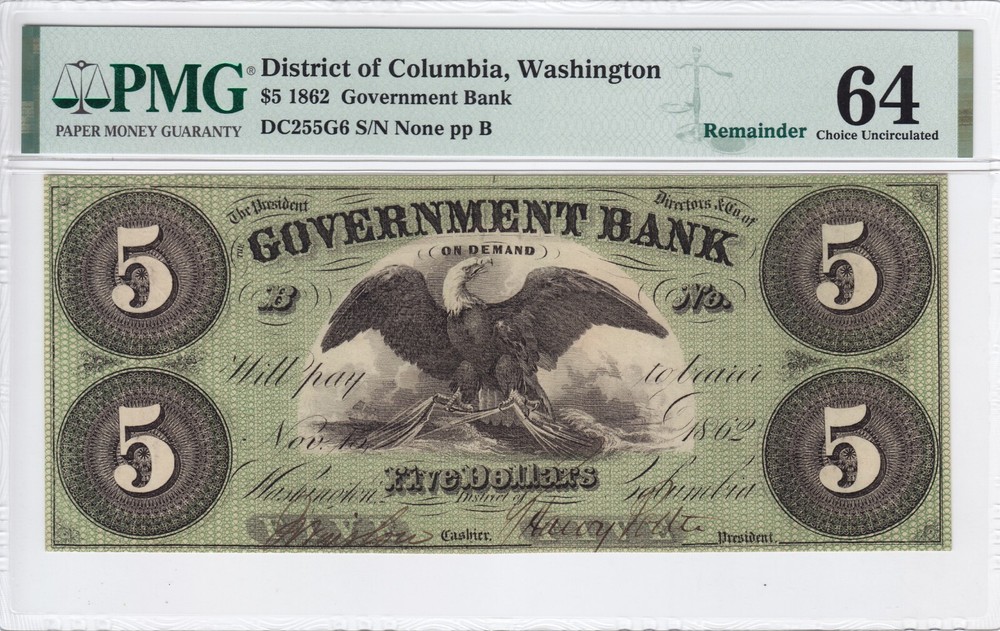 1862 $5 Government Bank Obsolete Note Washington DC PMG CU 64 Remainder
