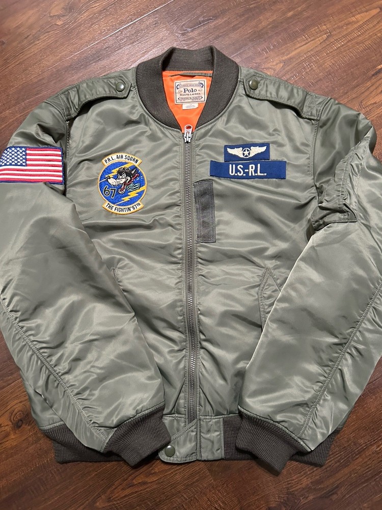 POLO RALPH LAUREN Bomber Jacket L-2 Flight Top Gun Patch Green Wolf 67 Flag L