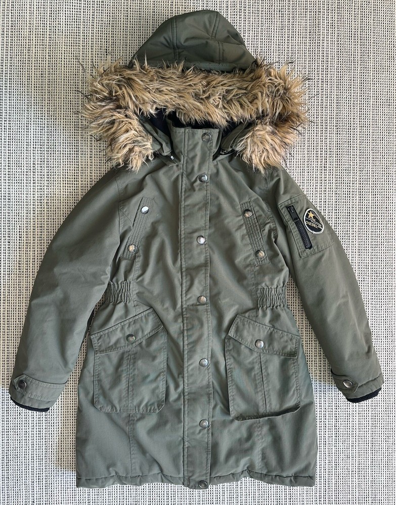 Diesel Kids Girls 10/12 Green Parka Winter Coat Jacket Faux Fur Hooded Pockets