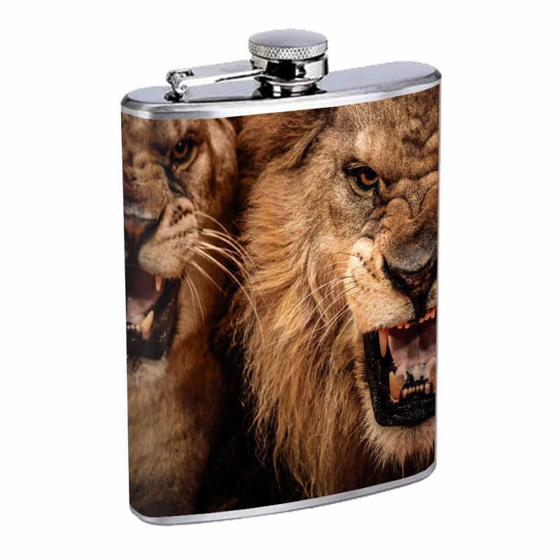 Fighting Lions D3 Flask 8oz Stainless Steel Hip Drinking Whiskey
