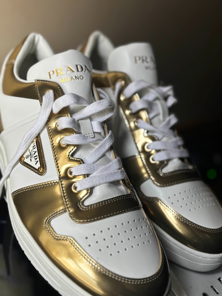 Prada Men Downtown Sneakers in Gold White Leather with Triangle Logo Size US 11.5