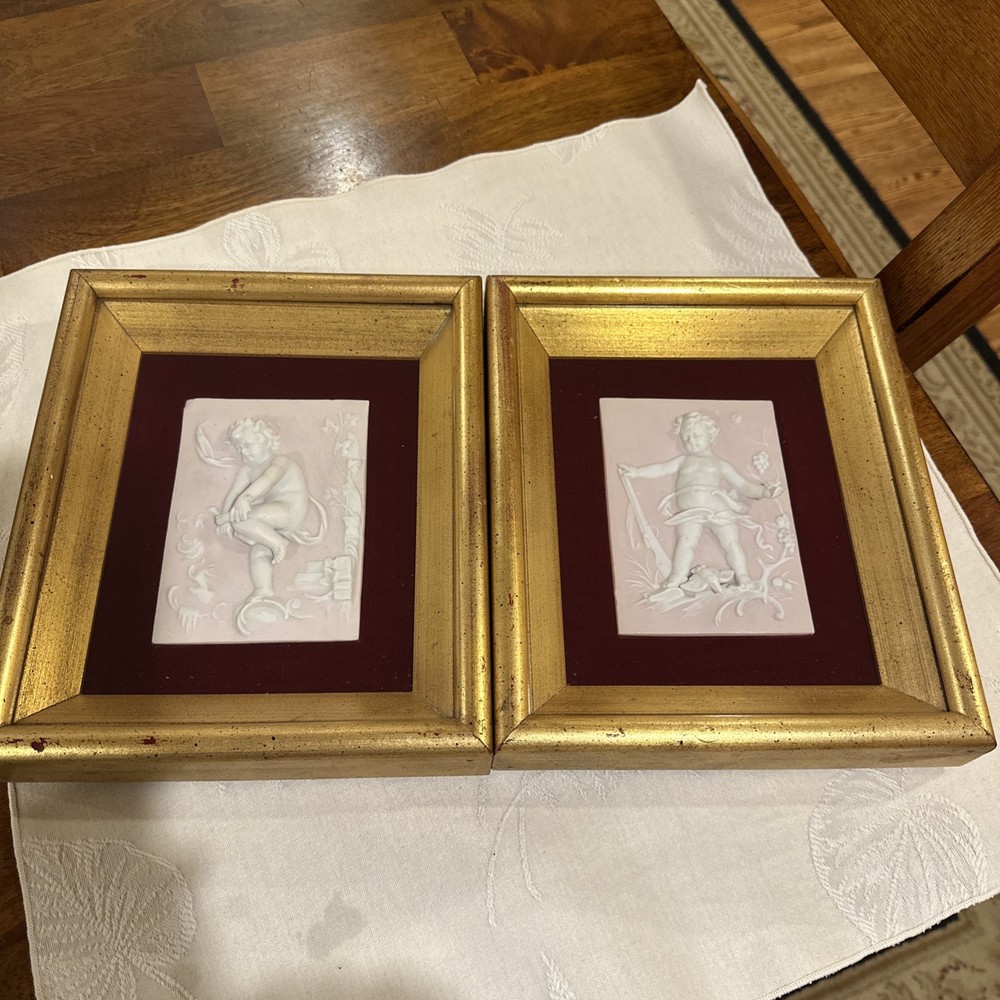 Vintage Pair of Framed Porcelain Cupid Plaques. Reminiscent Neoclassical Style