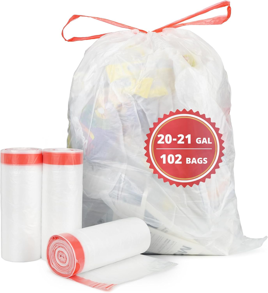 20-21 Gallon Trash Bags Extra Strong Large Garbage Bags W/Drawstring 102 Count