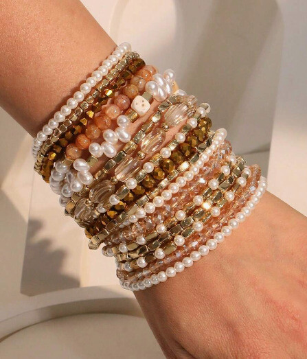 Ball Bracelets Stretch Stackable Beads Beaded Stretch Gold Women For Sets Pearl