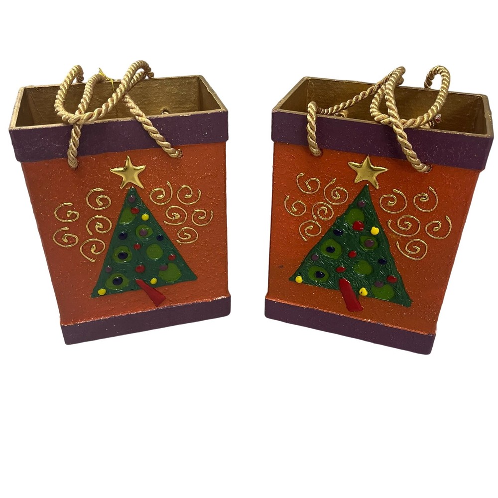 Balasi Export Handmade Pair Of Holiday Tree Textured Ceramic Bags Orange Purple