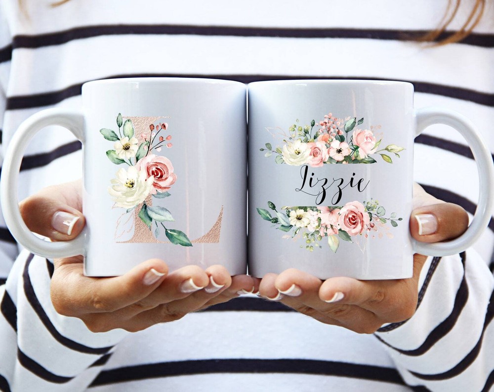 Personalized Floral Pink Gold Initial Name Coffee Mug Coffee Lover Gift