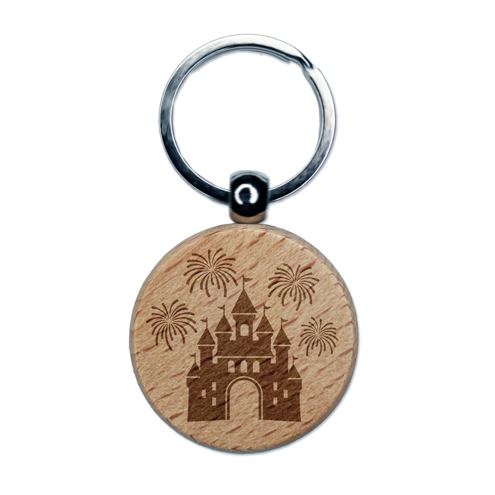 Fairytale Castle and Fireworks Engraved Wood Round Keychain Tag Charm
