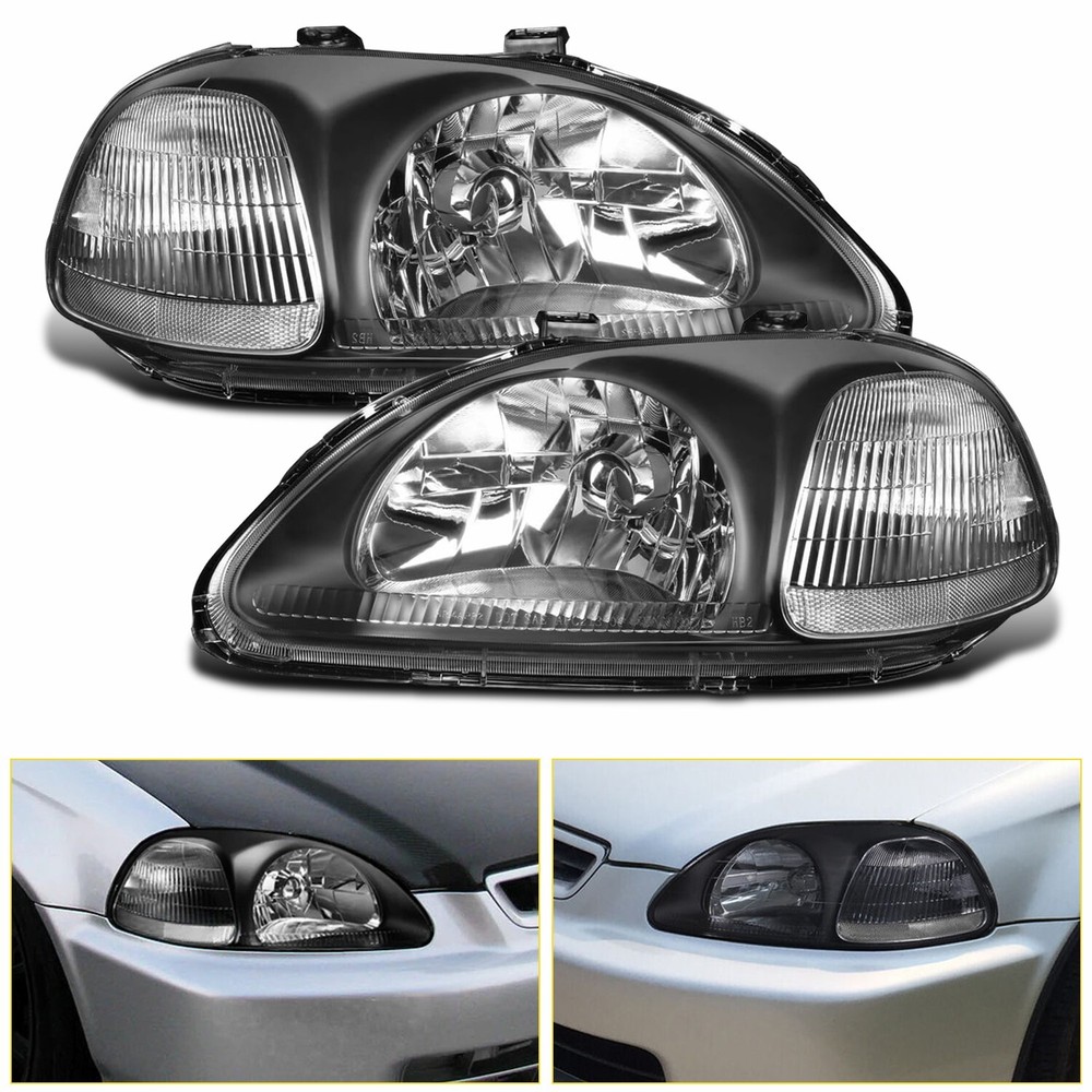 Fit 1996-1998 Honda Civic Black Headlights Replacement Left+Right Pair 96 97