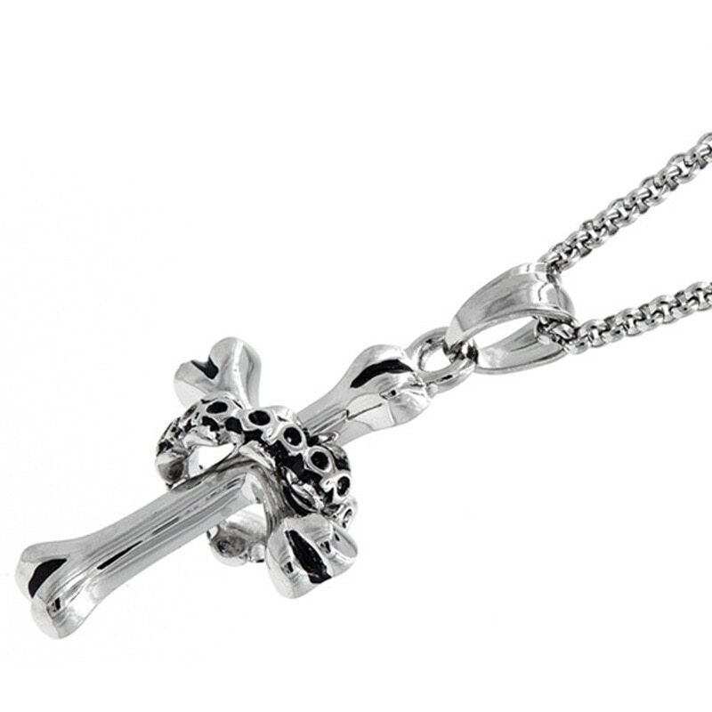 Japanese Korean Stainless Steel Jewelry Personalized Skull Head Cross Necklace