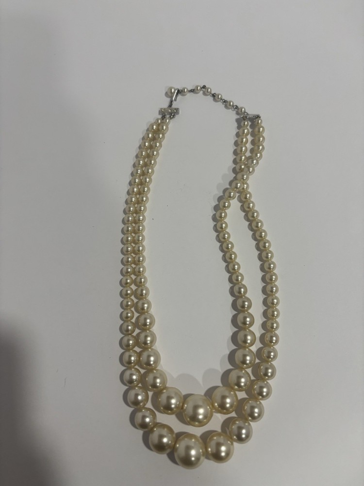 Vintage Double Strand Layered Beaded Ivory Imitation Pearl Necklace Box Clasp