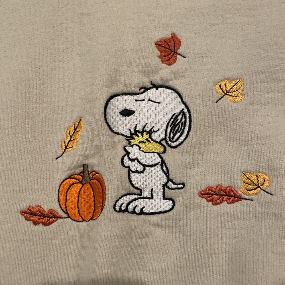 Snoopy Fall Sweatshirt with Leaf and Pumpkin Embroidery Women's Medium M Beige