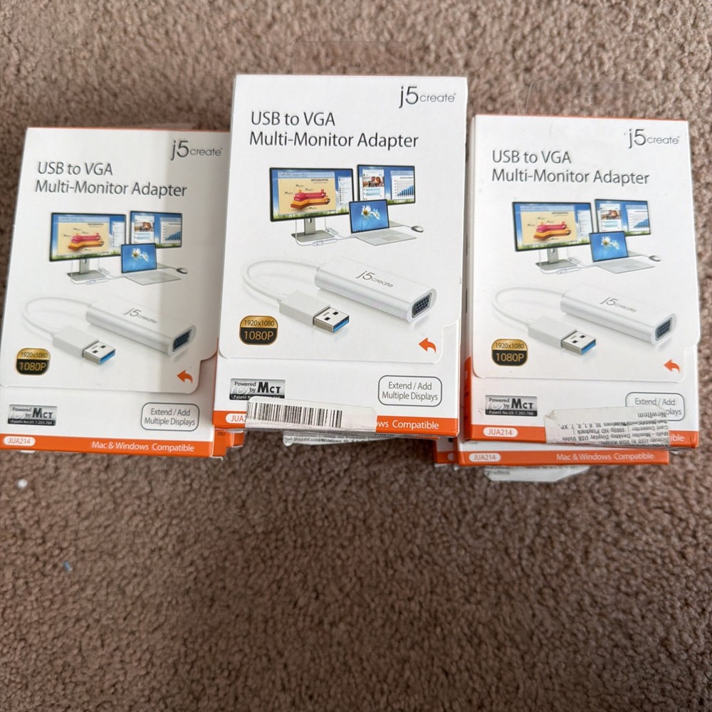 j5Create USB to VGA Multi-Monitor Adapter JUA214 - Mac & Windows - New-Open Box