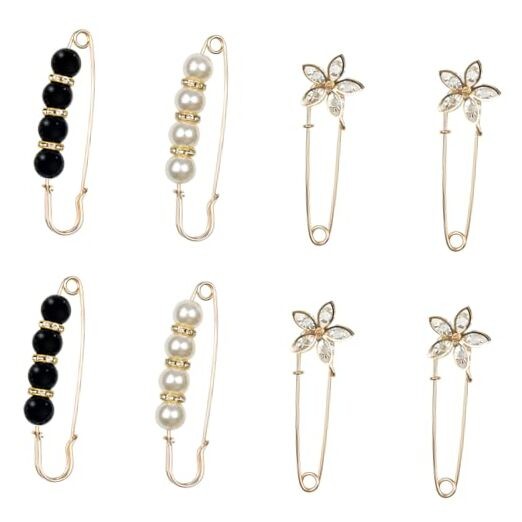 Elegant Pearl & Floral Safety Pin Brooches Set of 8